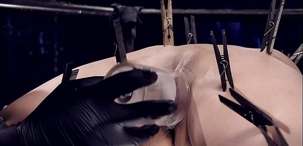 Bent over metal device babe ass caned